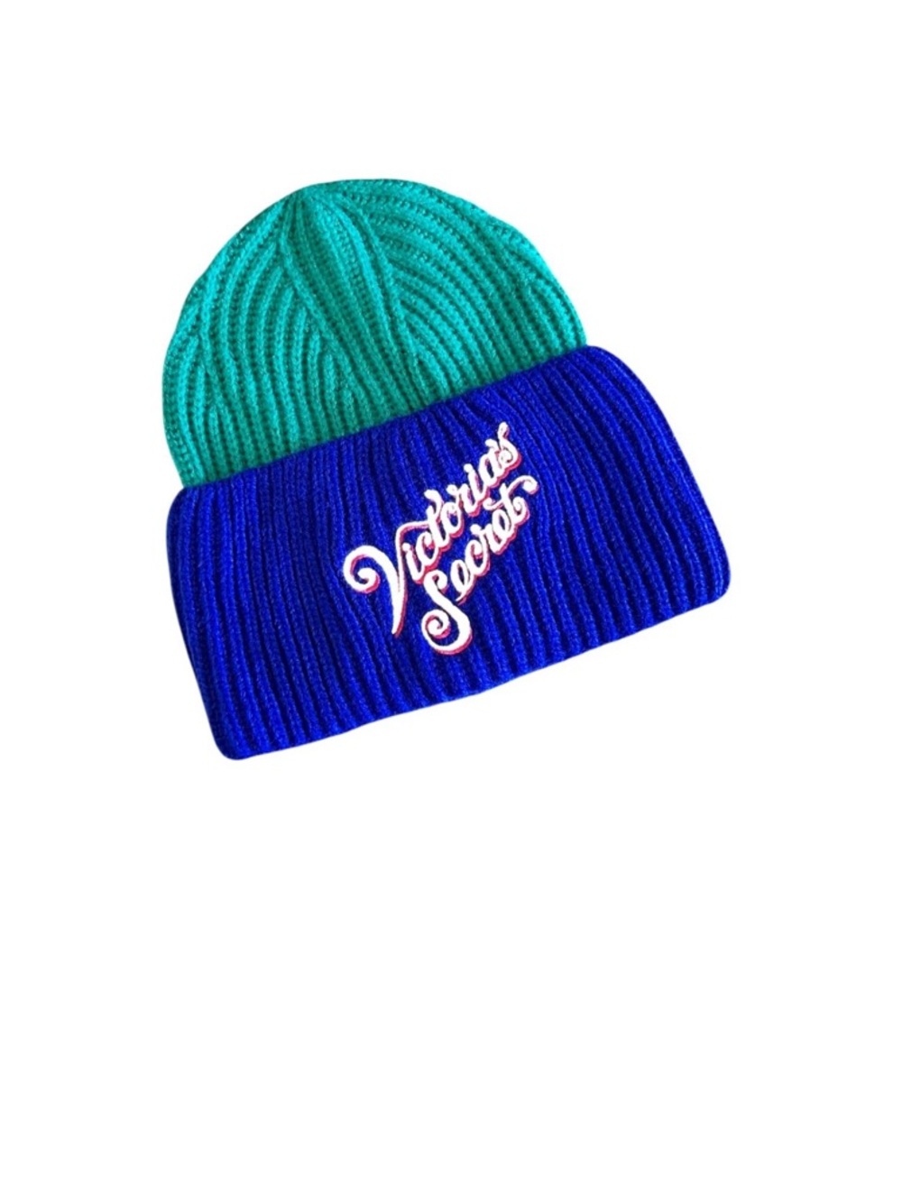 Victoria's Secret NEW Knit Logo Beanie Hat In Green & Blue